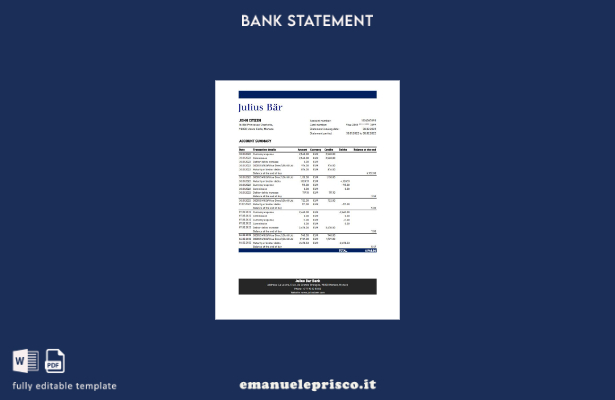 Modello Excel di estratto conto bancario Monaco Julius Bar in stile verificato